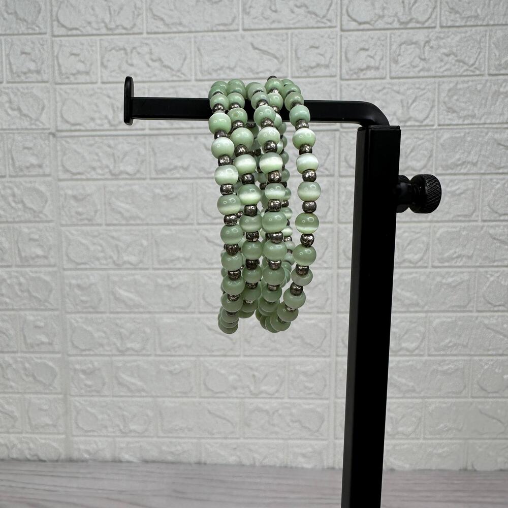 Mint Green and Silver-Colored Metal Beads Stack Bracelet Once Piece Wrap Around